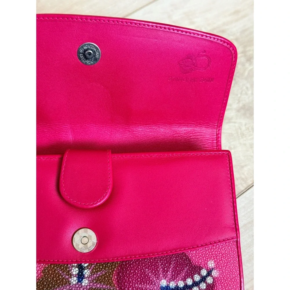 Genuine Stingray Skin Wallet Rare Hibiscus Pink Floral Design Made in Thailand